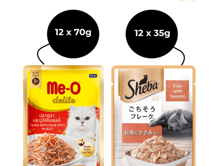 Me O Delite Tuna with Crab Sticks in Jelly and  Sheba Fish with Sasami Premium Cat Wet Food Combo For Discount