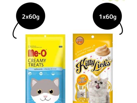 Me O Creamy Chicken & Liver and  Kitty Licks Tuna Scallop Cat Treats Combo For Cheap