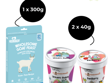 Fresh For Paws Wholesome Goat Feast Wet Food and Waggy Zone Pink Guava & Banberry Ice Cream for Dogs Combo Supply