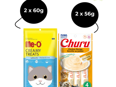 Me O Creamy Chicken & Liver and INABA Churu Chicken Creamy Cat Treats Combo (2+2) For Sale