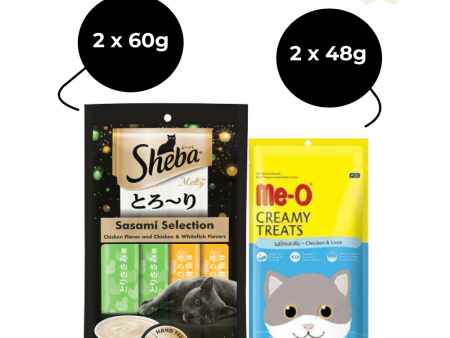 Me O Creamy Chicken & Liver and Sheba Chicken & Chicken Whitefish Sasami Selection Melty Premium Cat Treats Combo Cheap