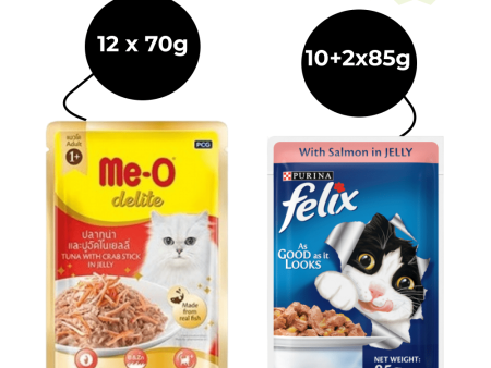 Me O Delite Tuna with Crab Sticks in Jelly and Purina Felix Salmon with Jelly Adult Cat Wet Food Combo (12+12) on Sale