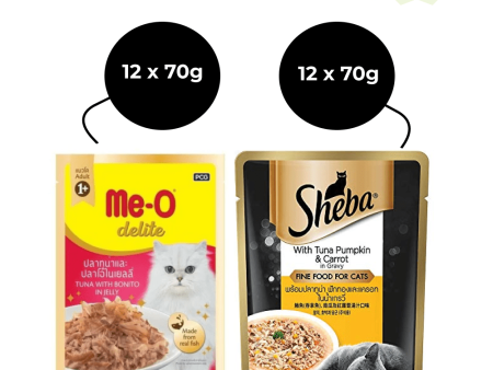 Me O Delite Tuna with Bonito in Jelly and Sheba Tuna Pumpkin & Carrot In Gravy Rich Premium Adult Fine Cat Wet Food Combo Online now