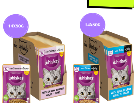 Whiskas Tuna in Jelly Meal and Salmon in Gravy Meal Adult Cat Wet Food Combo Online Hot Sale