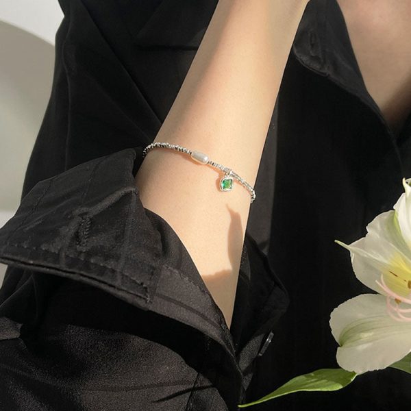 Wholesale 925 Sterling Silver Green Diamond Pendant Pearl Bracelet Online Hot Sale