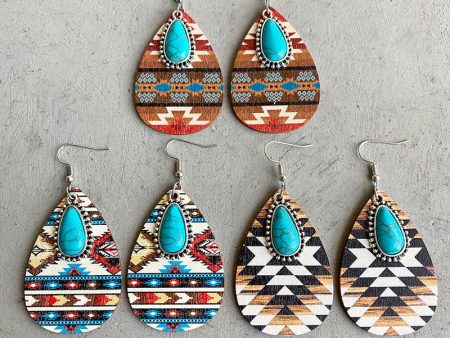 Wholesale 2 Pairs Pack Turquoise Pendant Vintage Wood Earrings For Cheap