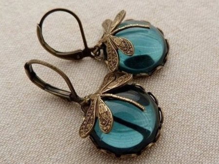 Wholesale Alloy Vintage Dragonfly Green Crystal Dangle Earrings Hot on Sale