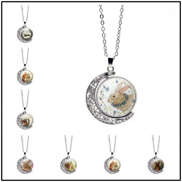 Wholesale Alloy Easter Bunny Reversible Rotating Moon Necklace For Sale