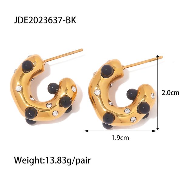 Wholesale 18k Gold Onyx Stone C Shape Earrings Stainless Steel Online Hot Sale