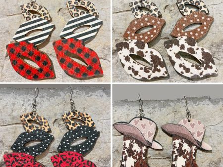 Wholesale 2 Pairs Pack Lips Cowboy Boots Leopard Wood Iron Hook Earrings Discount