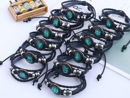 Wholesale Zodiac Sign Handwoven Vintage Leather Bracelet on Sale