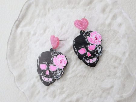 Wholesale Acrylic Pink Skull Earrings Engraved Graffiti Heart Sale