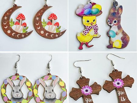 Wholesale 2 Pairs Pack Easter Cute Mushroom Cross Wooden Earrings on Sale