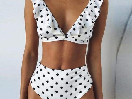 Wholesale High Waist Polka Dot Ruffle Polyester Swimwear Cheap